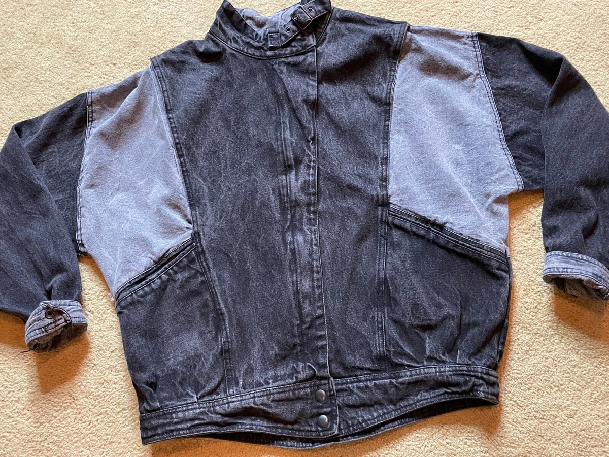 Vintage 80s 90s Stefano Black Denim Jean Biker Moto Bomber Jacket Oversized L