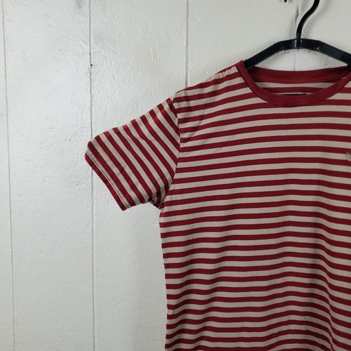 Brixton Shirt Mens Large Red Beige Stripe Crew Neck Short Sleeve Logo Stretch - Picture 5 of 14