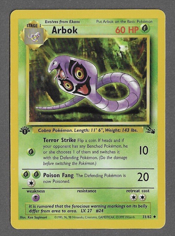 【PSA10 鑑定済 安心鑑定可】アーボック カードe arbok 2001 1st Edition ARBOK Non Holo 31/62 Fossil Set Pokemon Card | eBay