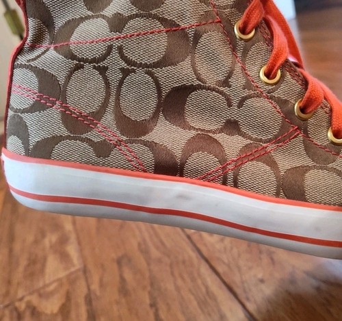 Coach Franca Pink Leather & Canvas Logo Allover High Top Sneakers Sz 8 Q1388 - Picture 15 of 19
