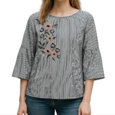 Fred David Pinstripe Floral Embroidered Bell Sleeve Peasant Blouse