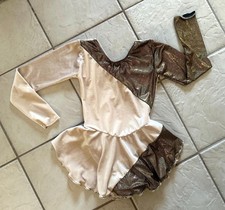 NEW Girls BEIGE VELVET Gold METALLIC Sequin Competition FIGURE ICE SKATING DRESS