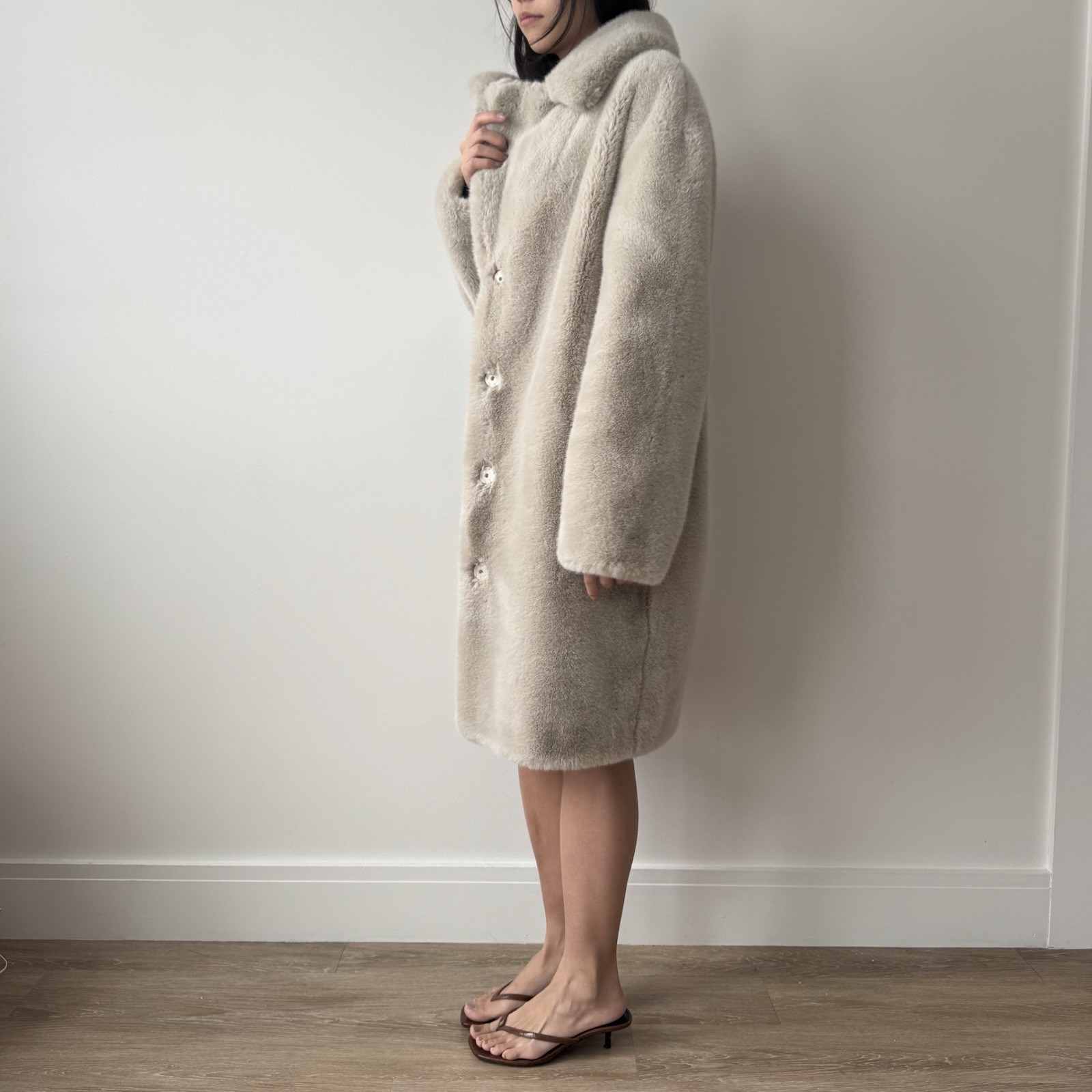 STAND STUDIO Beige Collared Button Mid-Length Hea… - image 2