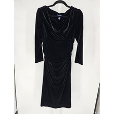 Chaps Womens Sz 12 Long Sleeve Midi Length Formal Dress Black Velvet Scoop Neck