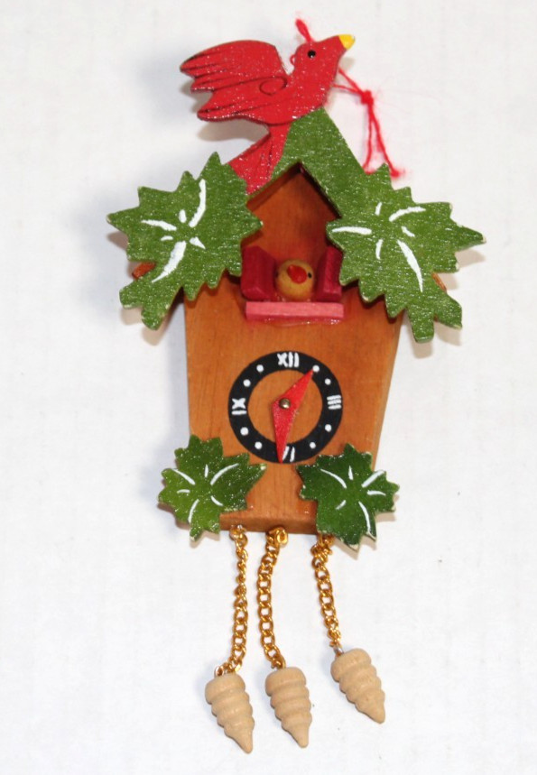 Vintage Painted Wooden Cuckoo Clock Christmas Ornament
