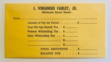 I Virginius Farley Merry Point Lancaster VA Virginia oyster pay envelope not tin