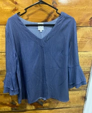 naif Women XL Dark Chambray Blue Flowy Boho Ruffle Bell Sleeves V Neck Lagenlook