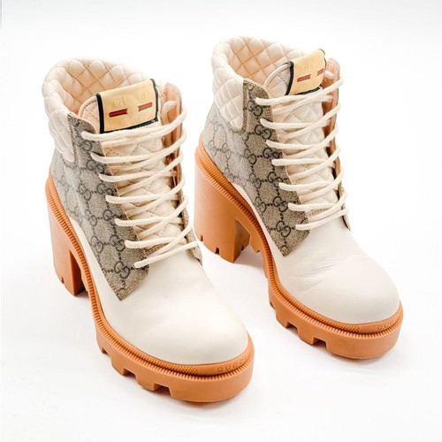 Gucci Apollo GG Monogram Trip Combat Boots White Leather GG Canvas EU 38 US 8