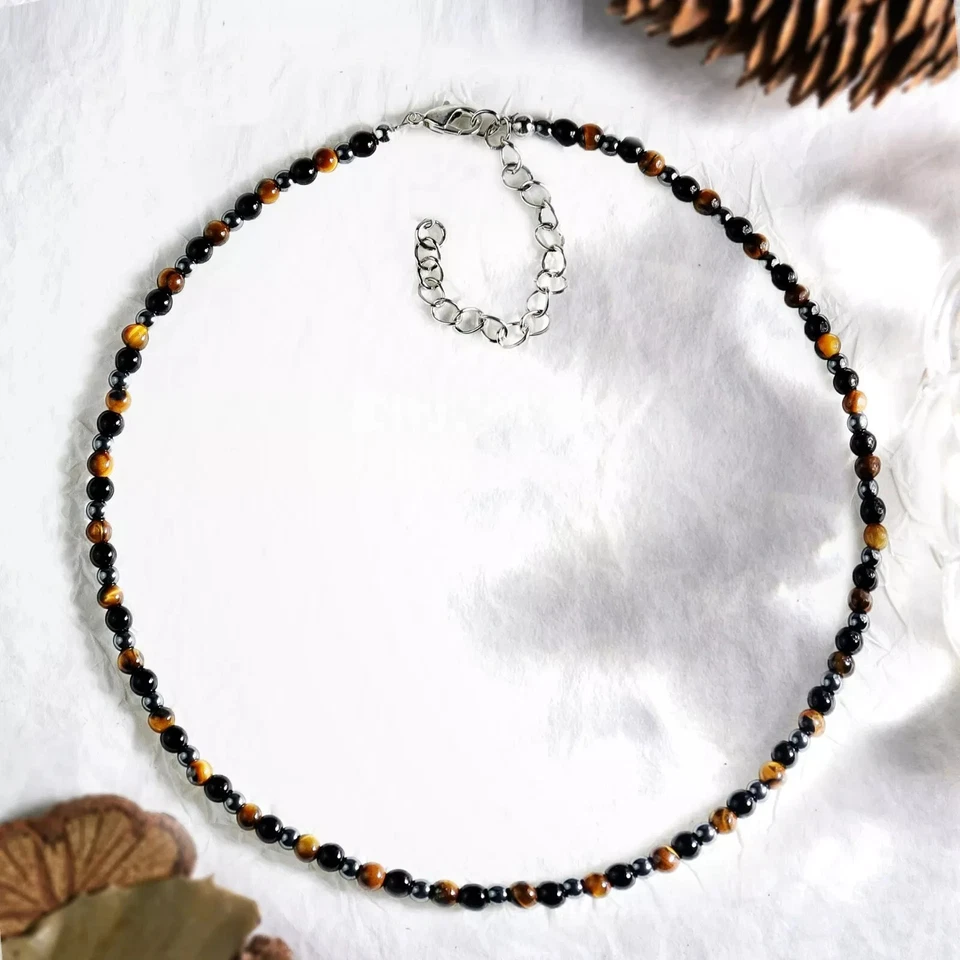 三重保护石项圈黑曜石虎眼赤铁矿珠女士项链 — 第 3/4 张图片