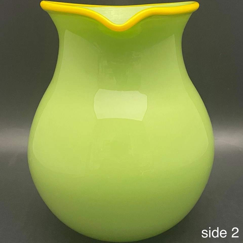 Studio Art Hand Blown Glass Lime Green & Yellow Pitcher/Jug Made in USA 2 quart - Image 3 of 4