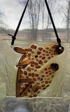 Suncatcher Art Glass Giraffe Painted  6" Tile Leather Hanger Raised Relief