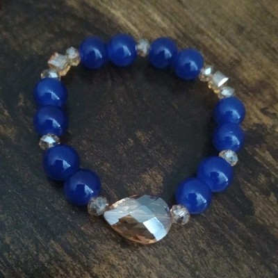 Blue White Beaded Stretch Bracelet Stackable Slip-On Round Beads w/ Crystal