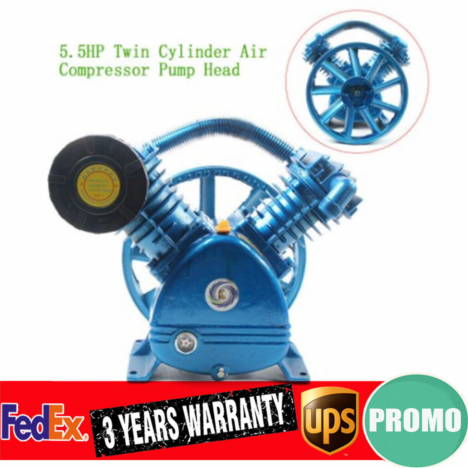 V Style TwinCylinder Air Compressor Pump Motor Head 2 Stage 175PSI