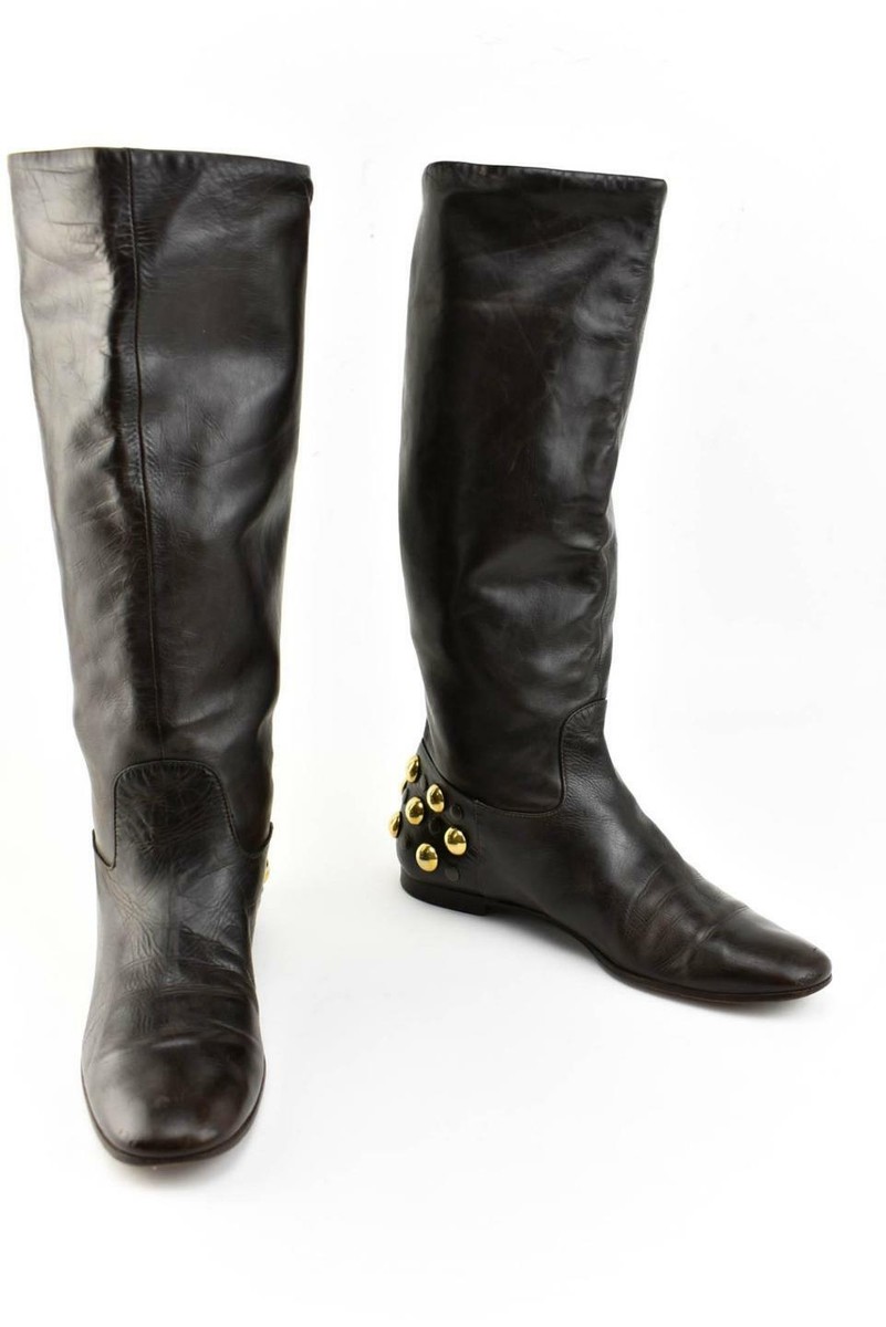 GUCCI: Brown Leather & Gold Studded, Tall Moto Boots Sz: 6.5  display picture 3