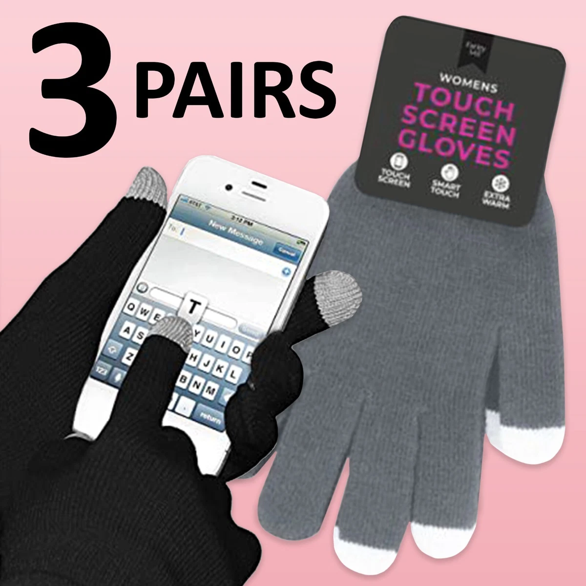 3 PAIRS WOMENS TOUCHSCREEN GLOVES Warm Grey Fingertip Smart Phone Texting Ladies