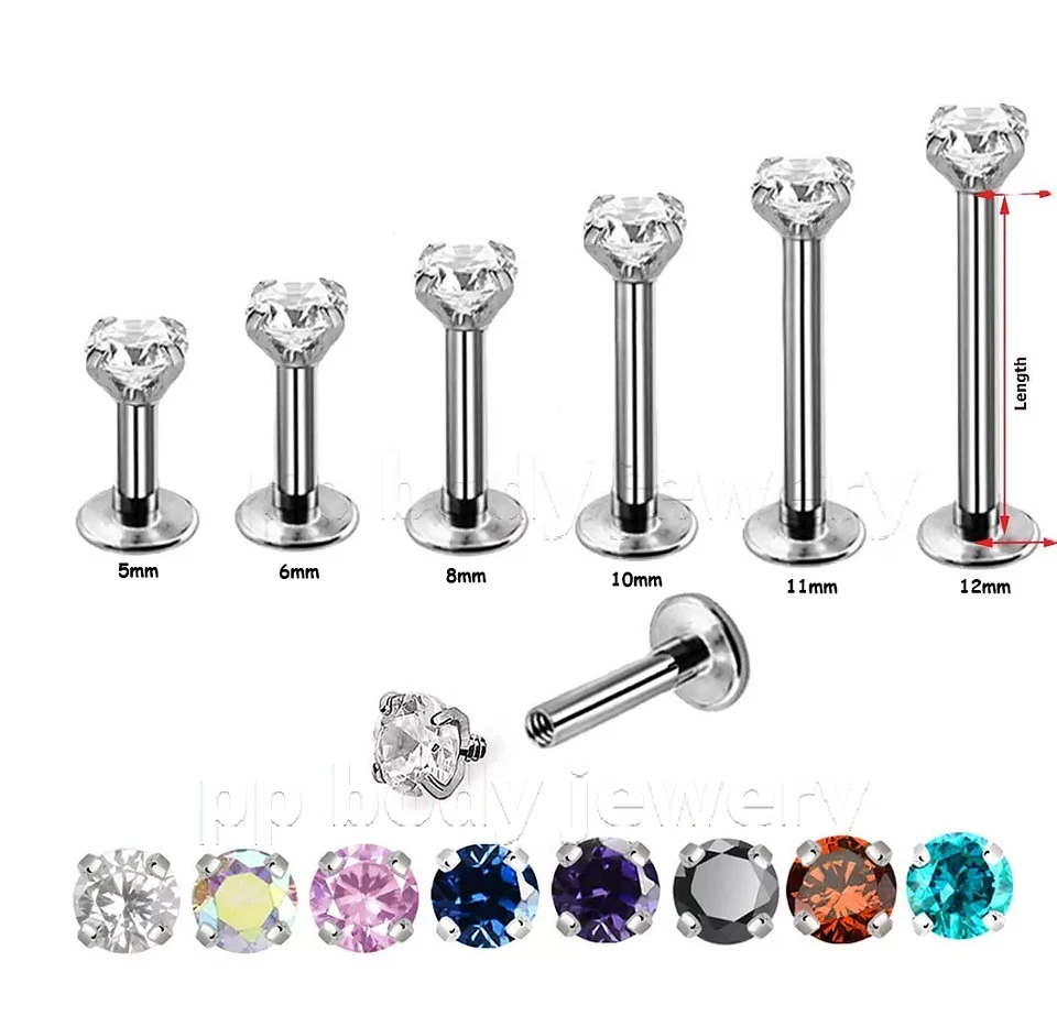 PAIR 16G 1/5"-3/8" Steel Internally Threaded Prong Set CZ Labret Tragus Stud - Image 3 of 4