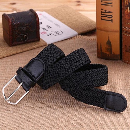 Mens Womens Unisex Canvas Stretchable Webbing Belt PU Leather Trim Braided Belt - Picture 11 of 34