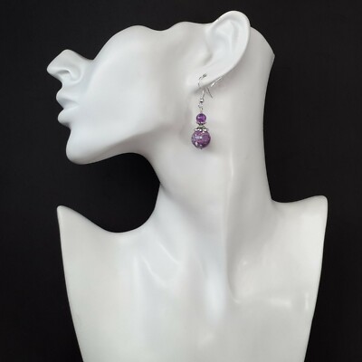 Round Purple Dragon Veins Agate Earrings With 925 Sterling Silver Hooks Tibetan