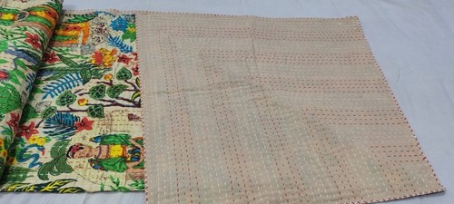 Indian Hand Block Beige Queen Size Cotton Kantha Quilt Throw Blanket Bedspread - Picture 7 of 7