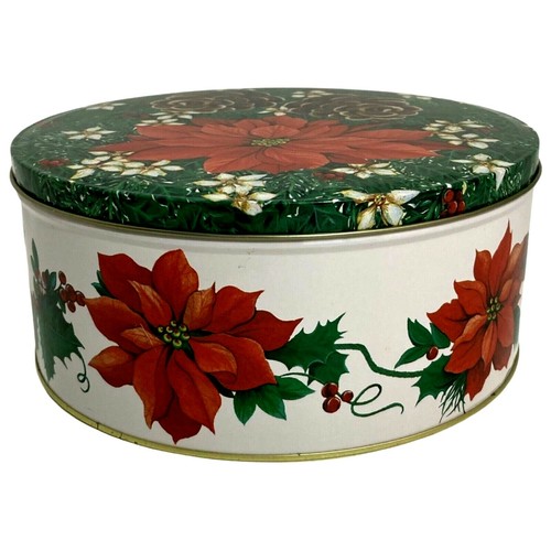 Christmas Round 8" diameter x 3.5" Tin Poinsettia Holly Pine Cones EMPTY - Picture 3 of 6