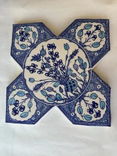 Large Vintage Hand Made Tile Wqll Art Blue Flower Floral Signed James 15" NB3