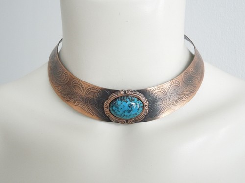 Collana Rigida In Rame Con Pietra Blu Gioiello Moda Regolabile 37,4 G - Foto 7 di 7