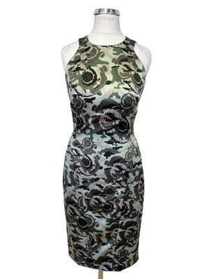 VERSACE COLLECTION GRÜN, SILBER & SCHWARZ BEDRUCKTES SATIN BLEISTIFTKLEID GRÖSSE 40 UK 8