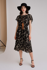 Vtg 70s STRAIT LANE Disco FLORAL Print SHEER Poly BUTTERFLY Secretary TEA Dress