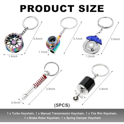 5 PCS Car Parts Model Key Chains, Metal Turbo Keychain Set, Trendy Blue+black