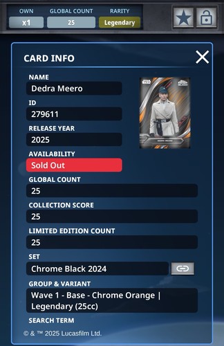 Star Wars Digital Card Trader Cromo Nero Arancione Leggendario 25 cc Dedra Meero - Foto 2 di 2