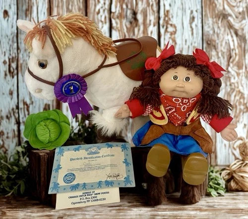 Cabbage Patch Kid Cowgirl Doll Brown Hair Western Outfit & Show Pony with Papers
