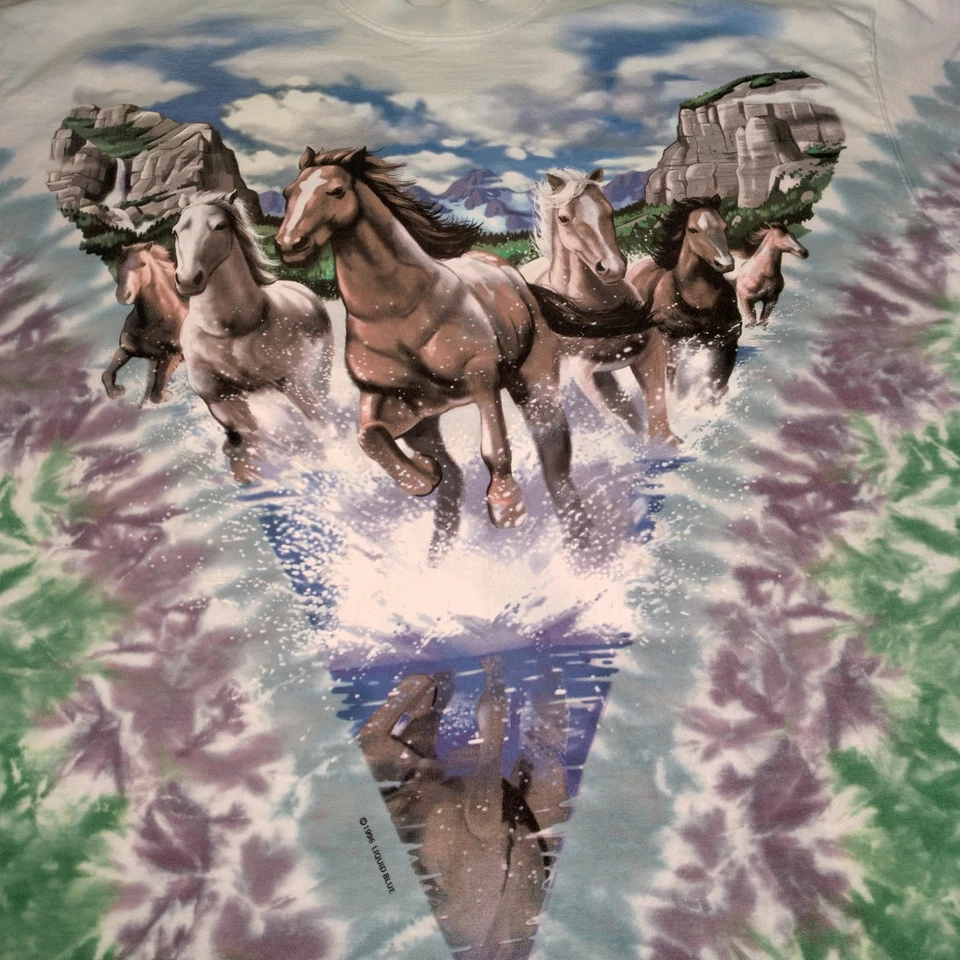Vintage Liquid Blue Tie Dye Shirt XL Horse Graphic Horses Equine Mountains USA - Imagem 3 de 4