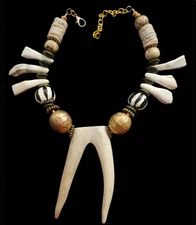 Men's Antler Buffalo Incisor Teeth Zebu Bone & Metal Tribal Statement Necklace