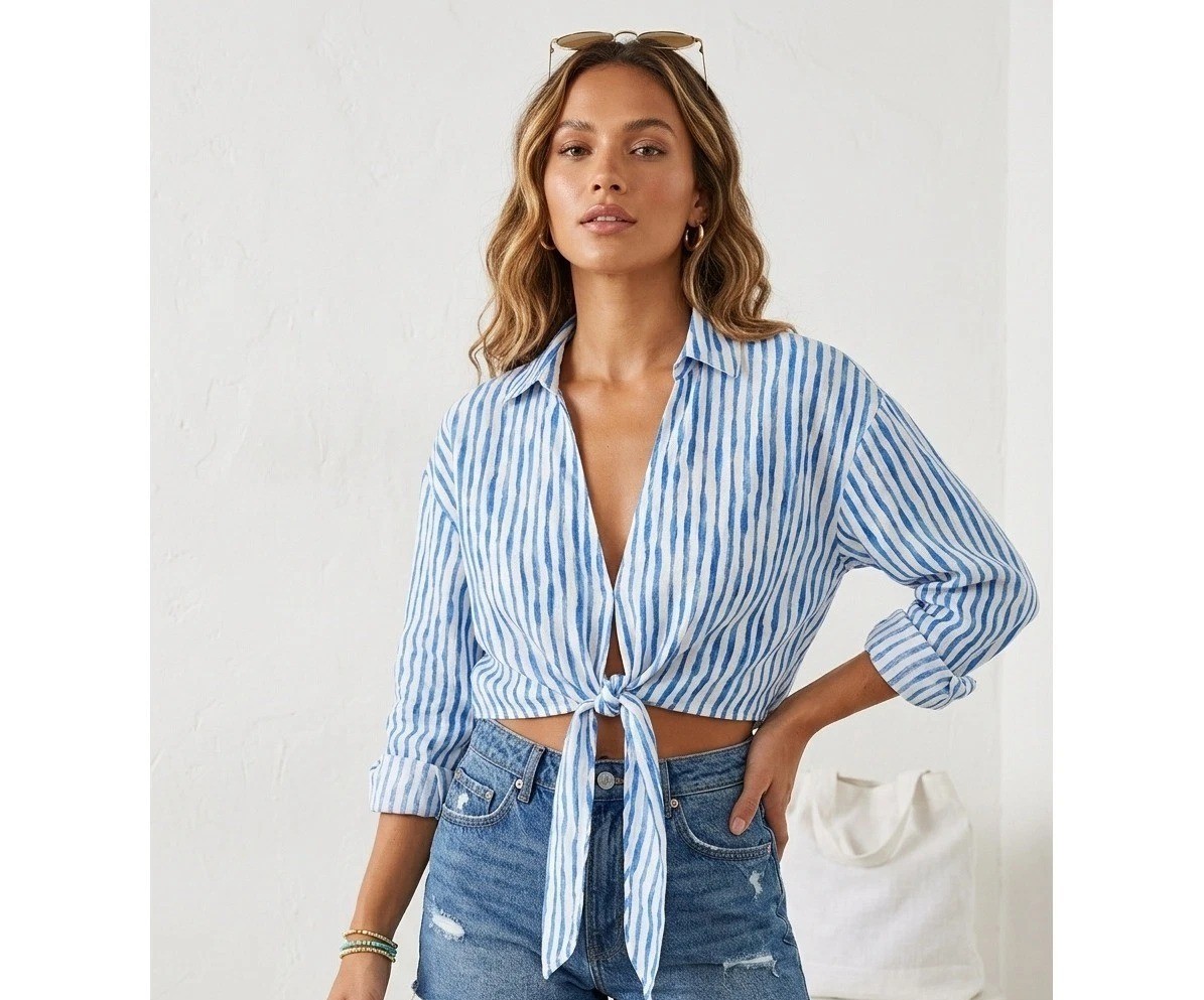 ZARA Royal Blue White Striped Sz L Cropped Top Linen Blend