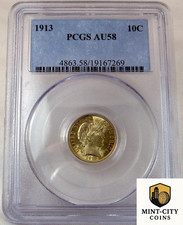 1913-P BARBER DIME 10c PCGS AU-59 BLUE LABEL NEAR MINT 90% SILVER LOOKS UNC