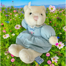 VTG 80s Oshkosh B'gosh Cream Teddy Bear Plush Blue Dress Stuffed Animal Eden Toy