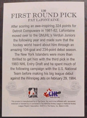 2013 ITG Draft Prospects Pat Lafontaine First Round Pick Silver #130 Hockey - Picture 2 of 2