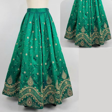 Vintage Traditional Indian Emerald Green Raw Silk Lehenga Skirt Gold Zardozi S