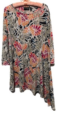 Attitudes by Renee Top L Stretch Knit Leafy Floral Sharkbite Tunic Shirt Blouse