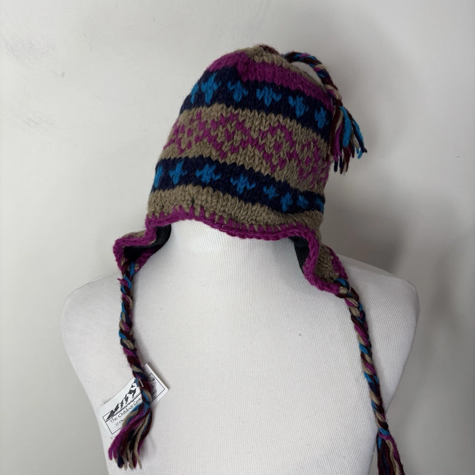 Made in Nepal Wool Knit Hat Colorful Fleece-Lined Ear Flap Beanie Winter Pattern