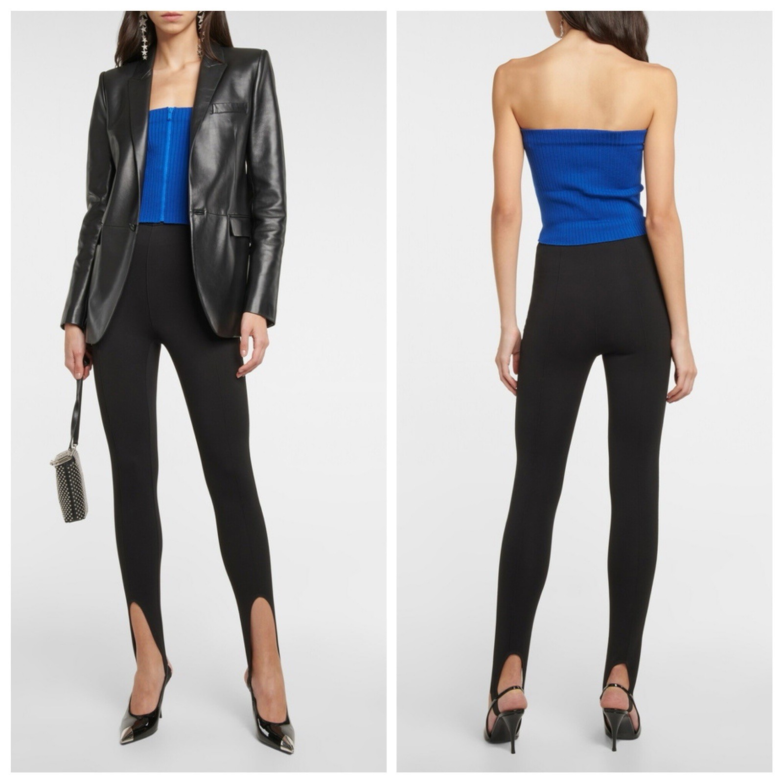 Top YSL Saint Laurent taglia M maglia a costine senza spalline zip davanti blu nuovo con etichette $690