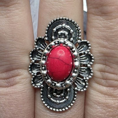 Silver Southwestern Style Red Oval Stone Stretch Band Cocktail Ring ~paparazzi ~