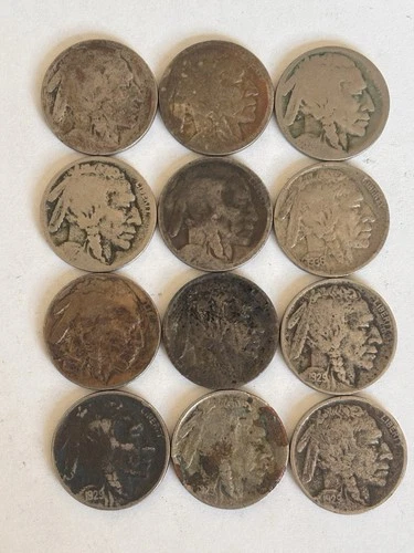 Buffalo Nickel Lot of 12 Circulated US Coins (Mix Of No Dates, 1929, 1936)