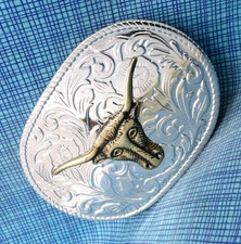Classic Western Longhorn Belt Buckle Floral Scroll Cowboy Cowgirl Vtg 70s.TWY494