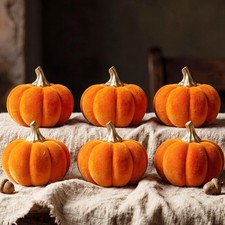 6Pcs Resin Fall Pumpkin Decor, Small Orange Velvet Flocked Pumpkin Figurine