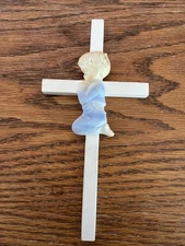 Porcelain White Cross With Little Boy Kneeling And Praying In Blue