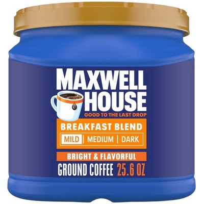 Maxwell House Breakfast Blend Mild Roast Ground Coffee, 25.6 oz Canister.