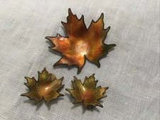 Vtg Hroar Prydz Norway Gilt Enamel Sterling Silver Maple Leaf Brooch Pin Earring