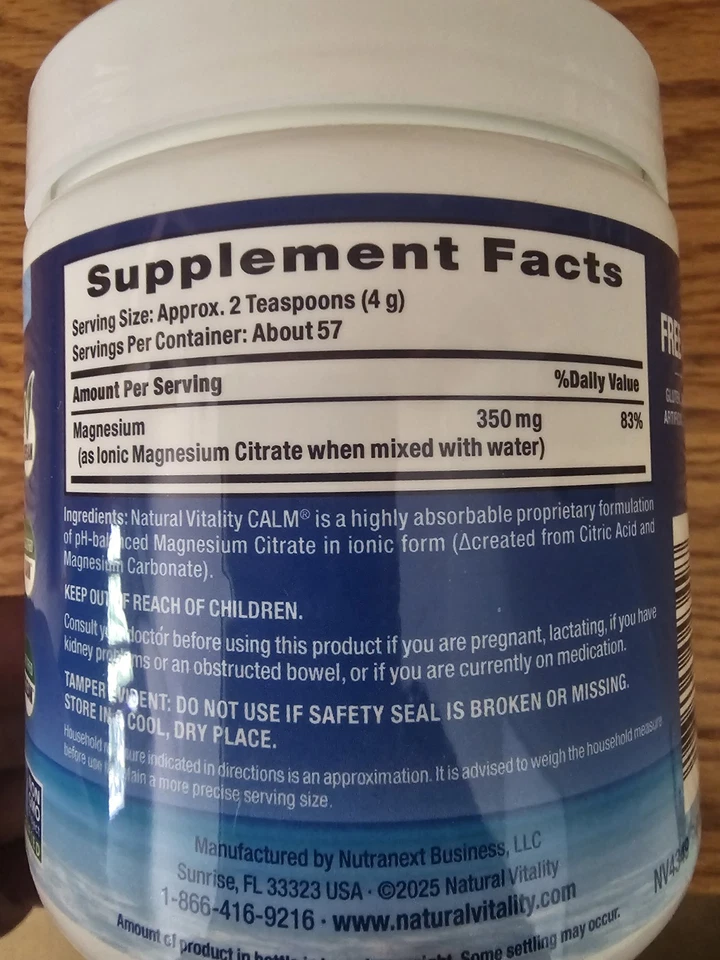 Suplemento de magnesio Natural Vitality Calm en polvo sin sabor 8 oz caducidad 01/2028 Foto 2 de 3