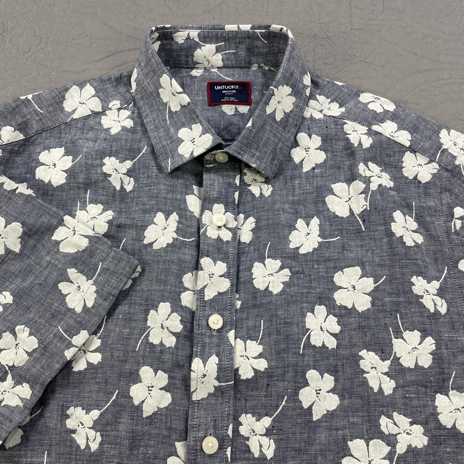 UNTUCKit Shirt Mens Medium Blue Bonner SS Linen Short Sleeve Floral Slim Fit